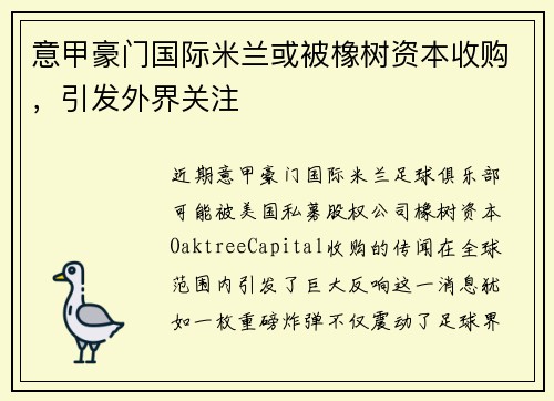 意甲豪门国际米兰或被橡树资本收购，引发外界关注