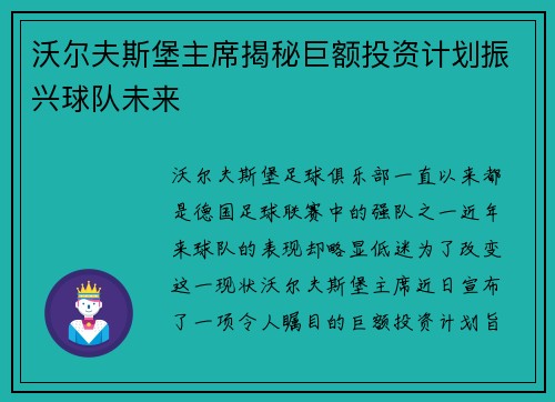沃尔夫斯堡主席揭秘巨额投资计划振兴球队未来
